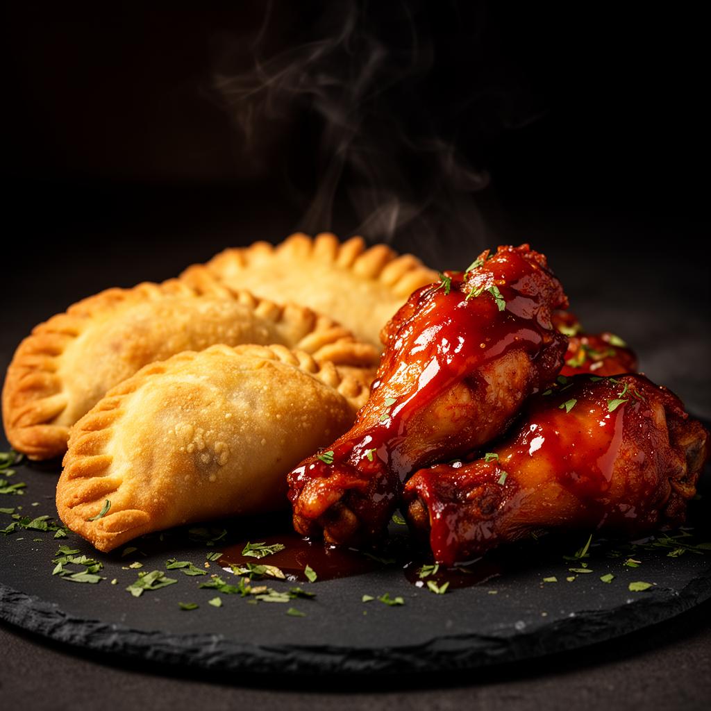 Crispy empanadas and BBQ wings