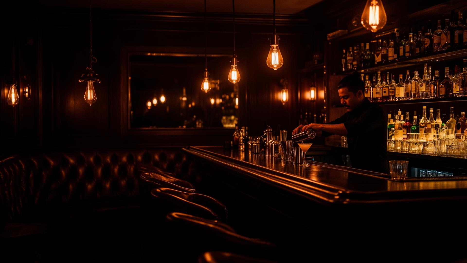 Eko's Bar & Grill interior — warm Edison lighting, leather banquettes